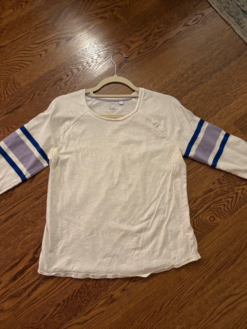 Boden Cream Long-Sleeve Baseball Tee with Blue and Lavender Sleeve Stripes